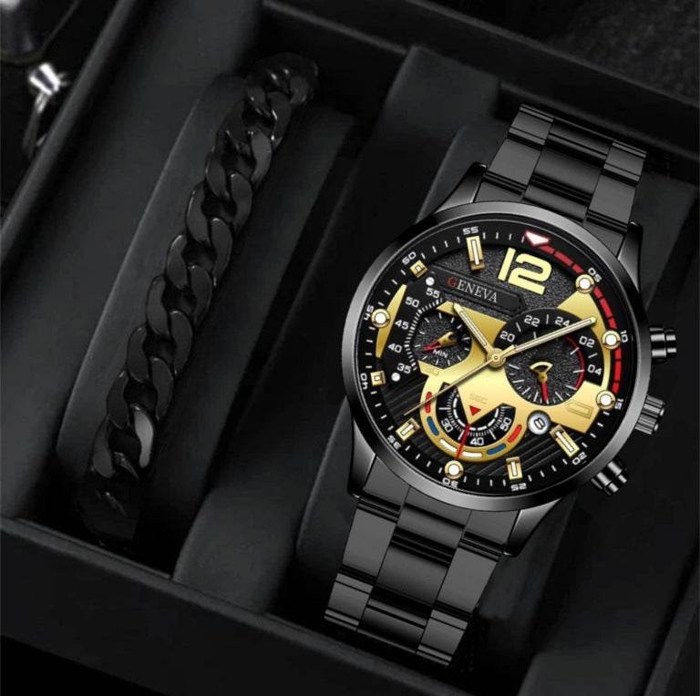 2pcs Men's New Popular Steel Strip Fashion Business Three Eye Quartz Watch Bracelet Set Valentine's Day Gifts - Velora
