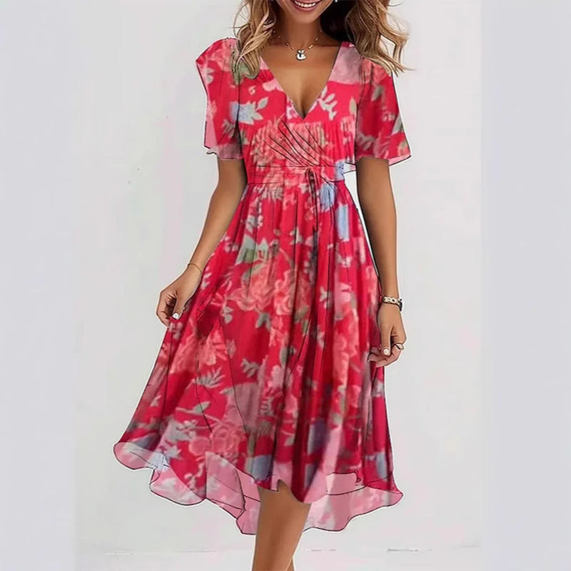 Flowers Printed V-neck Dress Summer A-line Short-sleeved Dresses For Women Velora