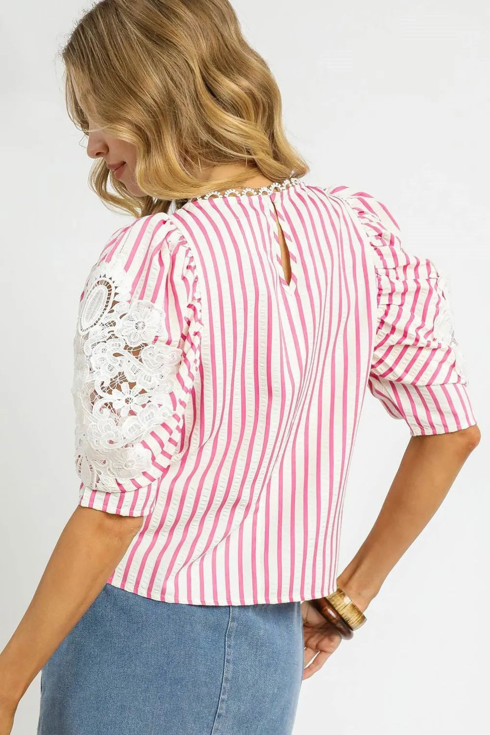 Umgee Striped Lace Puff Sleeve Blouse - Velora