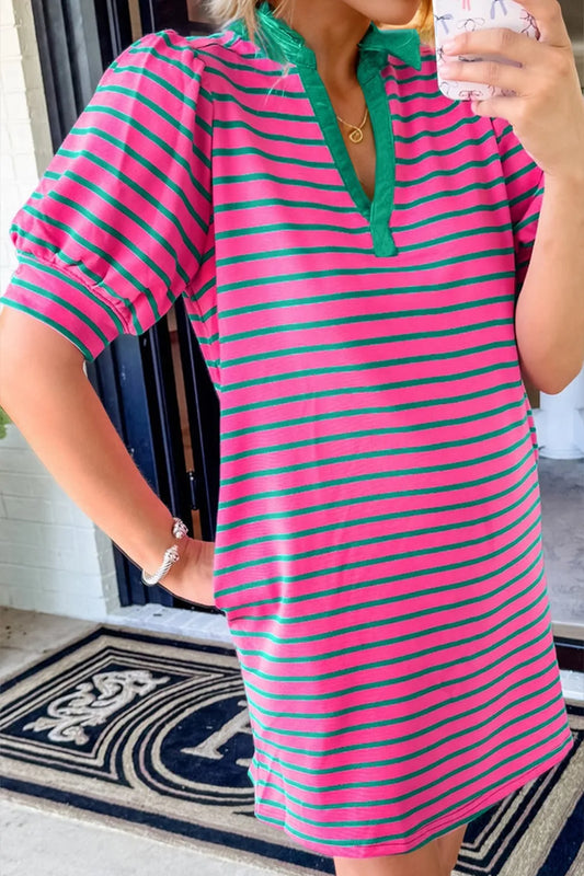Oh Striped Johnny Collar Puff Sleeve Mini Tee Dress - Velora