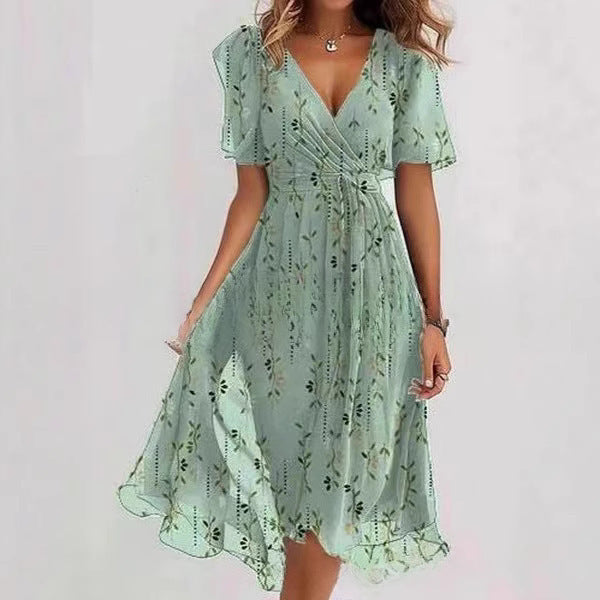Flowers Printed V-neck Dress Summer A-line Short-sleeved Dresses For Women Velora