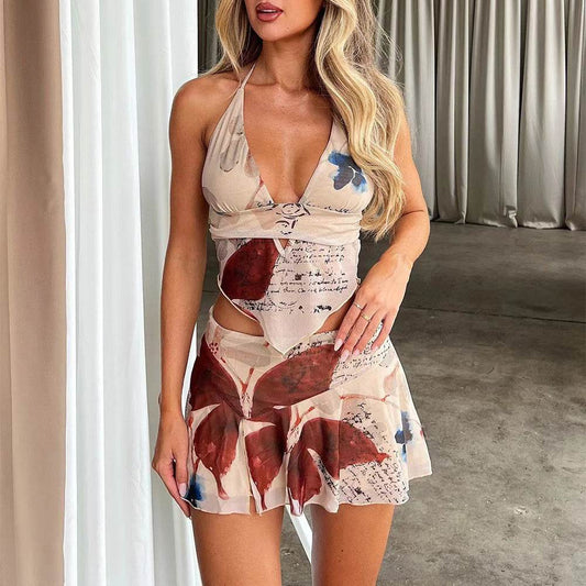2Pcs Printed Suit Summer Sexy V-neck Halter Top And Pleated Short Skirt Women's Dress Set Clothing - Velora