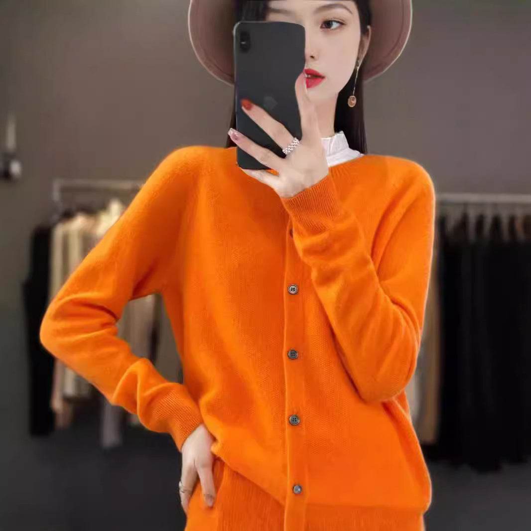 Fashion Merino Wool Cardigan Sweater Women O-Neck Long-sleeve Cashmere Knitwear Spring Autumn Female Clothing Tops - Velora