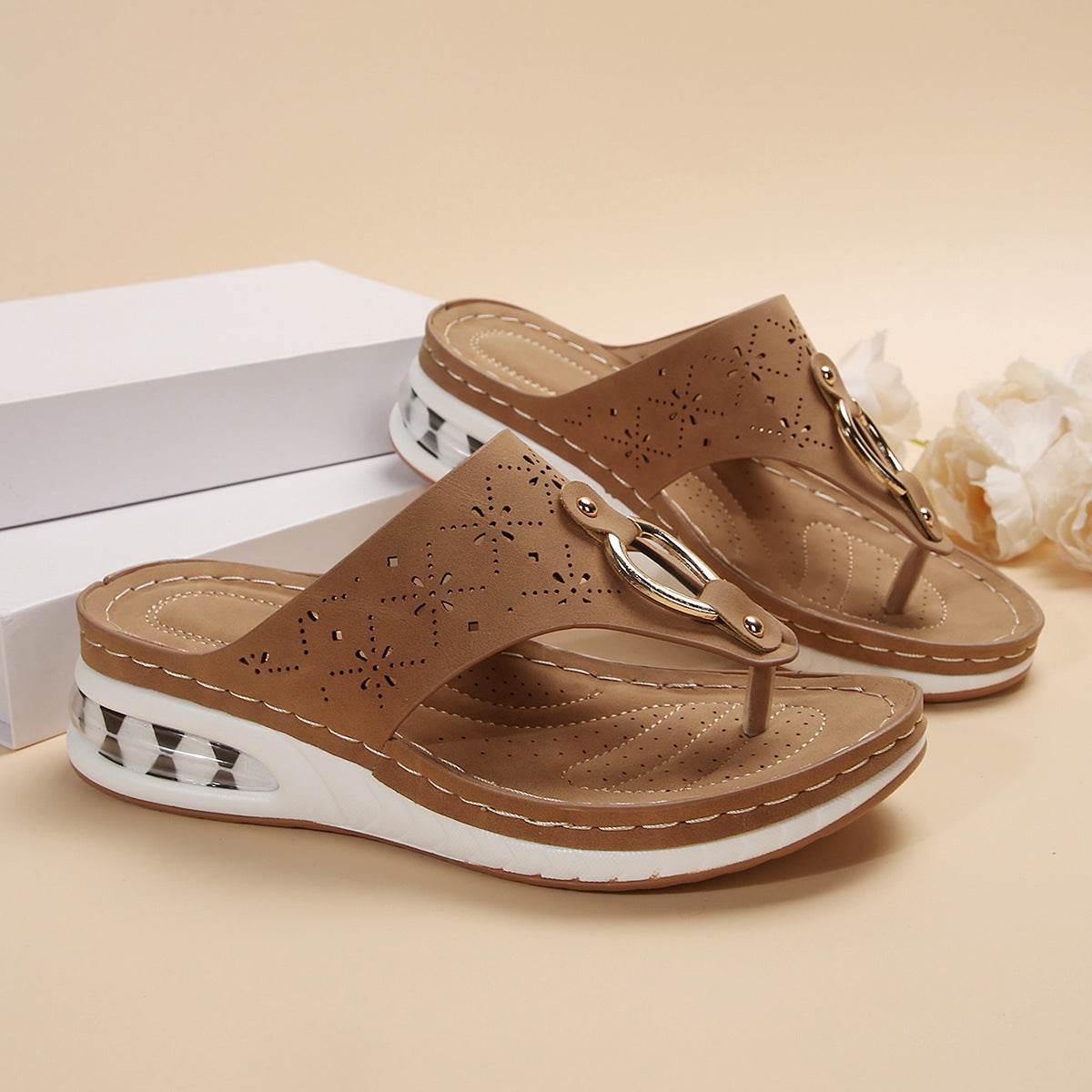 New Air Cushion Thong Sandals Summer Flip Flops Hollow Metal Buckle Wedges Shoes For Women Thick Sole Beach Shoes - Velora