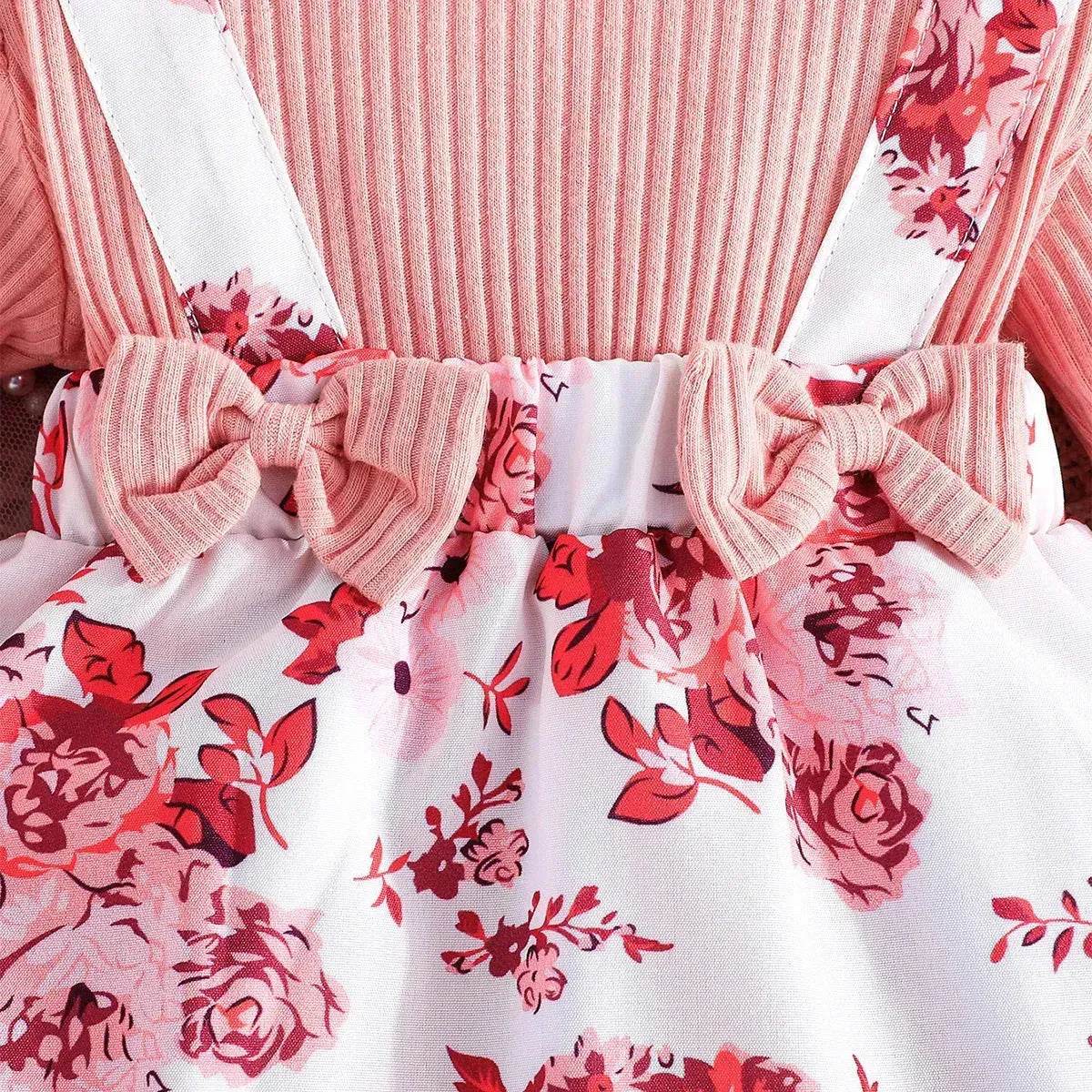 Latest Popular Sweet Long Sleeve pink Romper White Floral Suspender Skirt two piece for baby girls - Velora