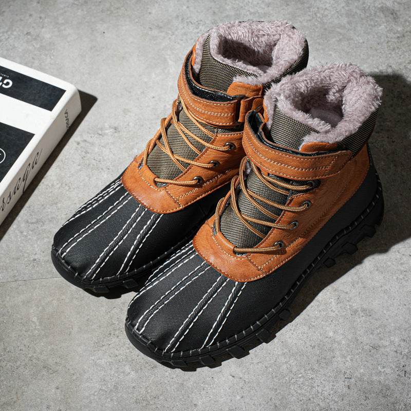 Winter Fleece Lace-up Snow Boots For Men Women Waterproof And Anti-slip Outdoor Work Boot Fashion Warm Mid-tube Cotton Shoes Men - Velora