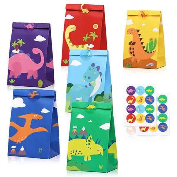 12Packs Christmas Dinosaur Candy Bags With 24Pcs Stickers Party Favor Bags Paper Gift Bags Treat Goody Gift Wrapping Bags For Christmas Halloween Dinosaur Themed Birthday Party Supplies - Velora