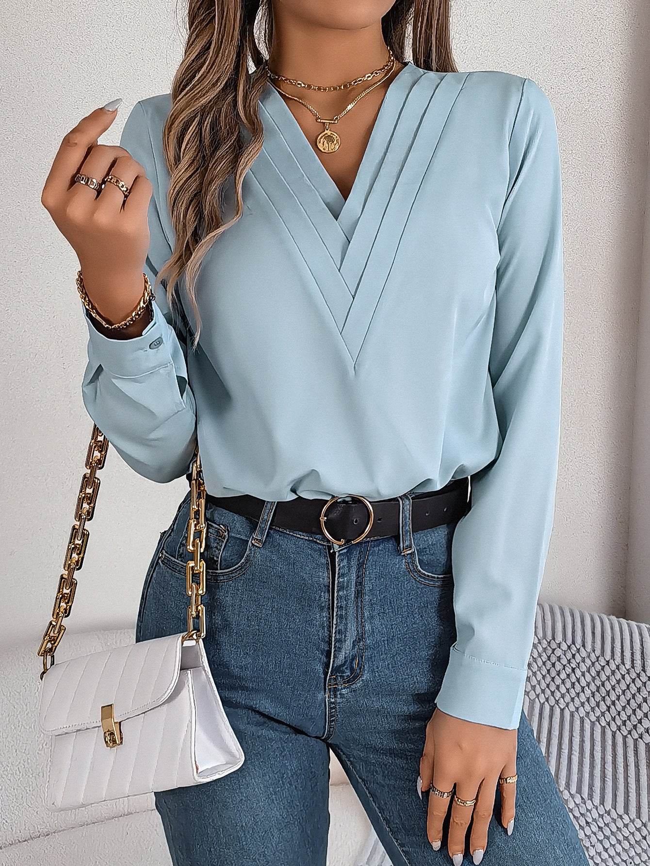 Fashion V-Neck Long Sleeve Shirt Elegant Commuter Solid Blouse Office Women's Clothing - Velora
