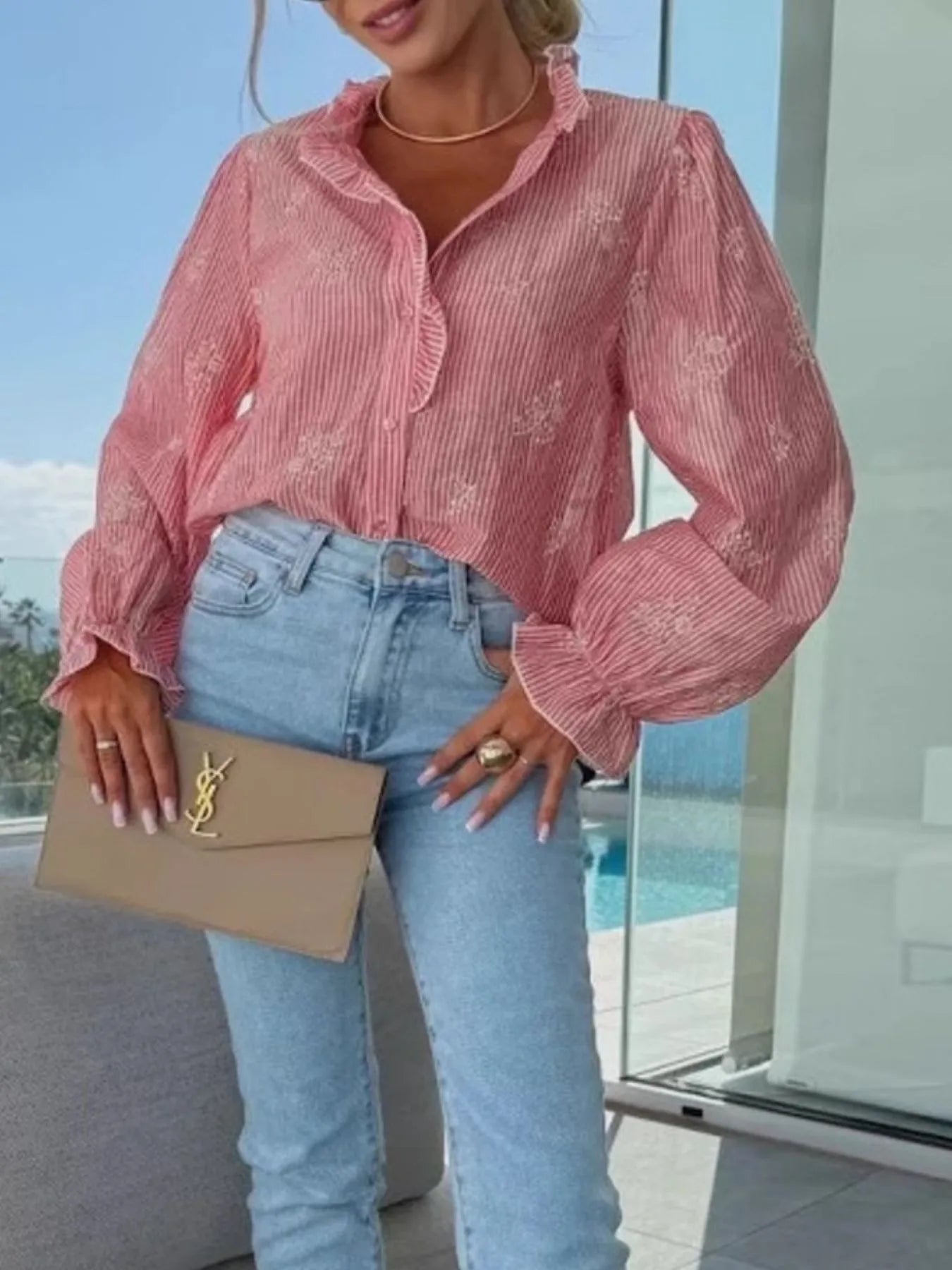 Button Up Flounce Sleeve Shirt - Velora