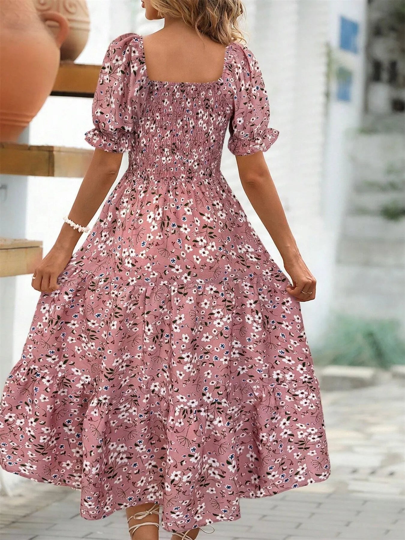 Floral Print Puff Sleeve Tiered Midi Dress - Velora