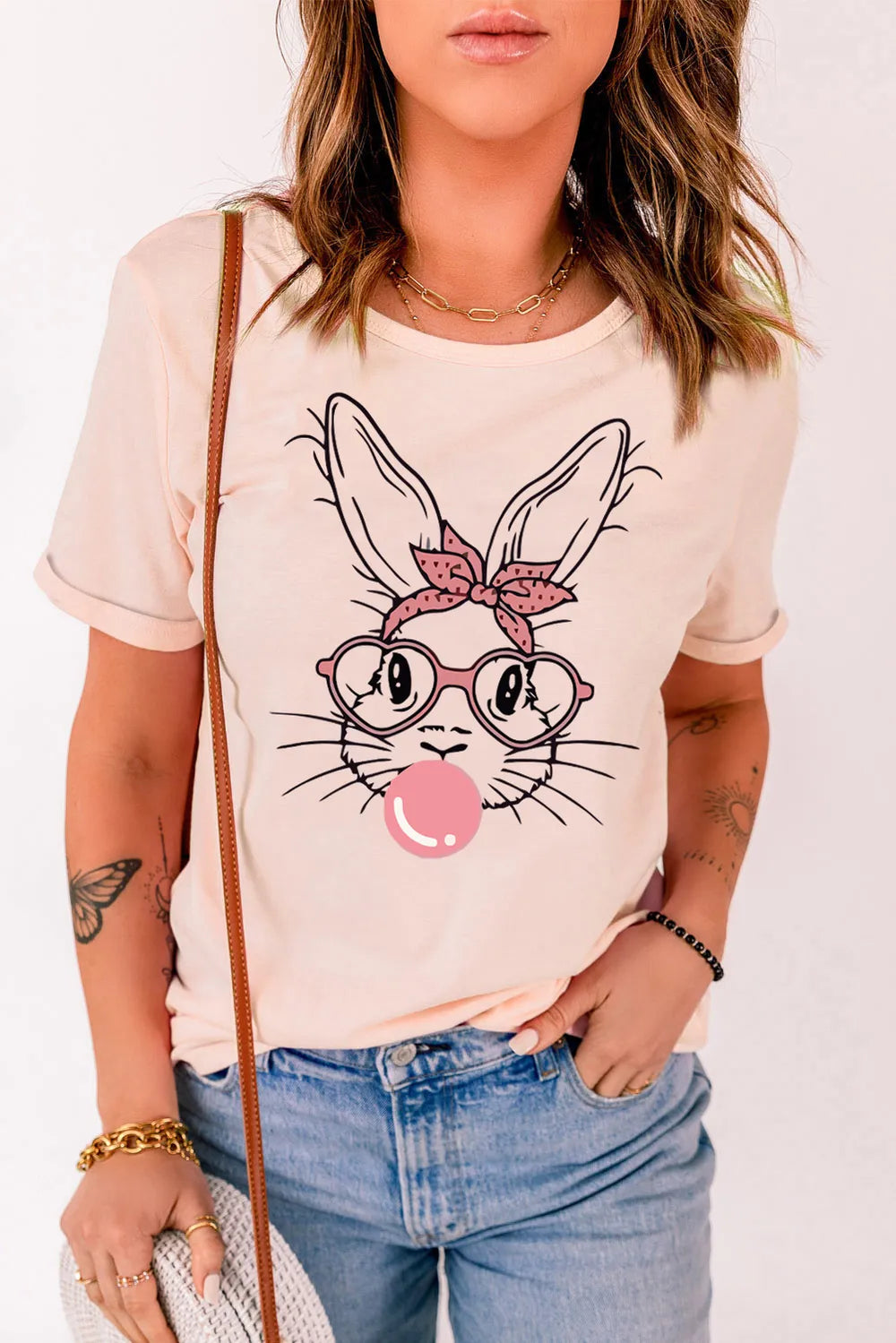 Rabbit Graphic Round Neck Short Sleeve T-Shirt - Velora