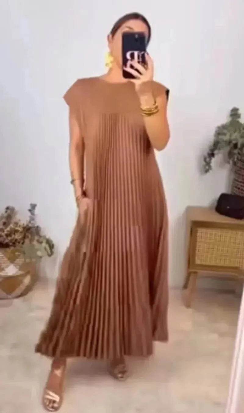 Women Summer Pleated Maxi Dress Casual Short Sleeve Crewneck Flowy Swing Long Dress with Pockets - Velora