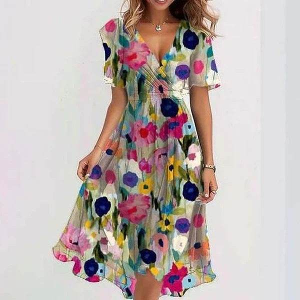 Chiffon Printed Short Sleeve Dress Summer Elegant V-neck Dresses Womens Clothing - Velora