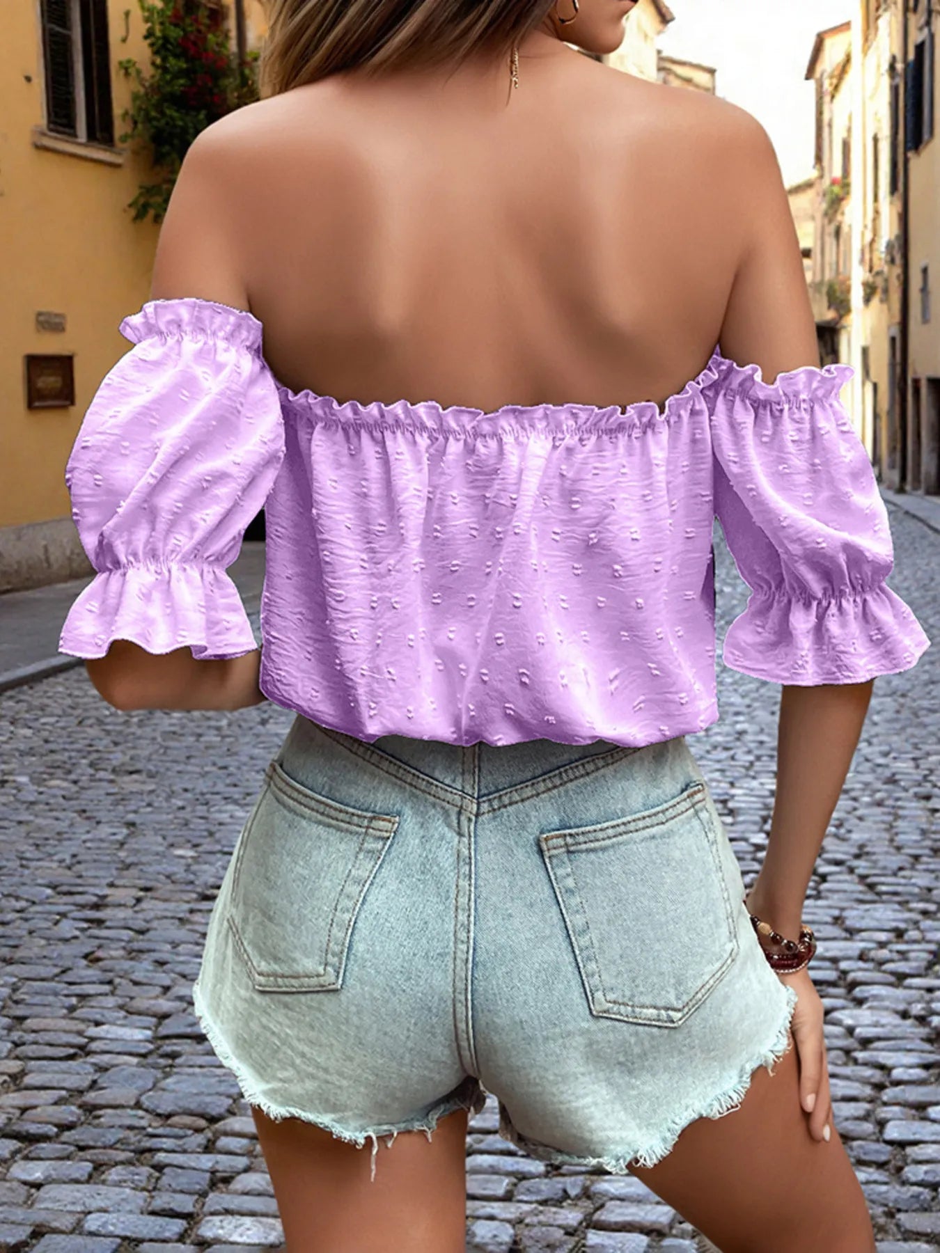 Off-Shoulder Swiss Dot Blouse with Tie Front Detail - Velora