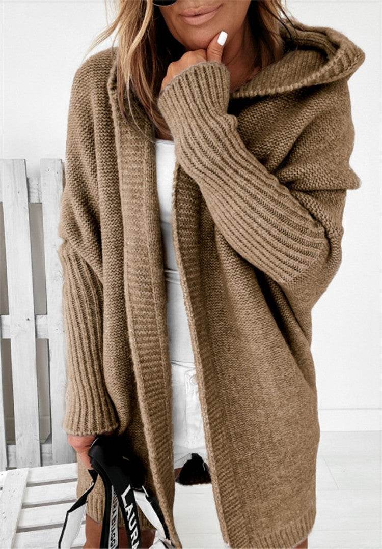 Fashion Bat Sleeve Hooded Cardigan Oversized Loose Temperament Solid Color Sweater Womens Clothing - Velora