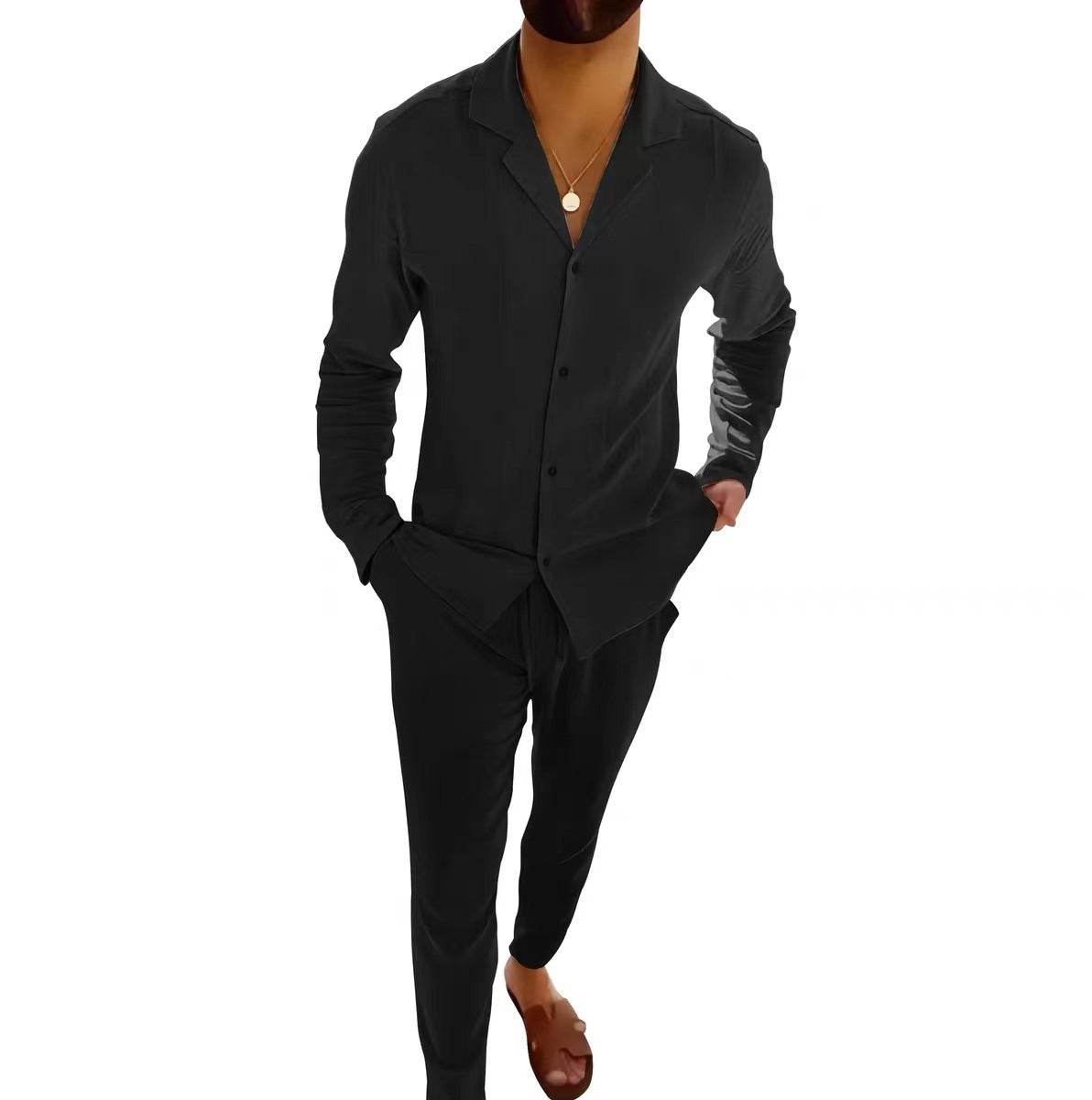 Casual Long-sleeved Suits Fashion Lapel Single-breasted Shirt Top And Slim-fit Trousers Men Clothing - Velora