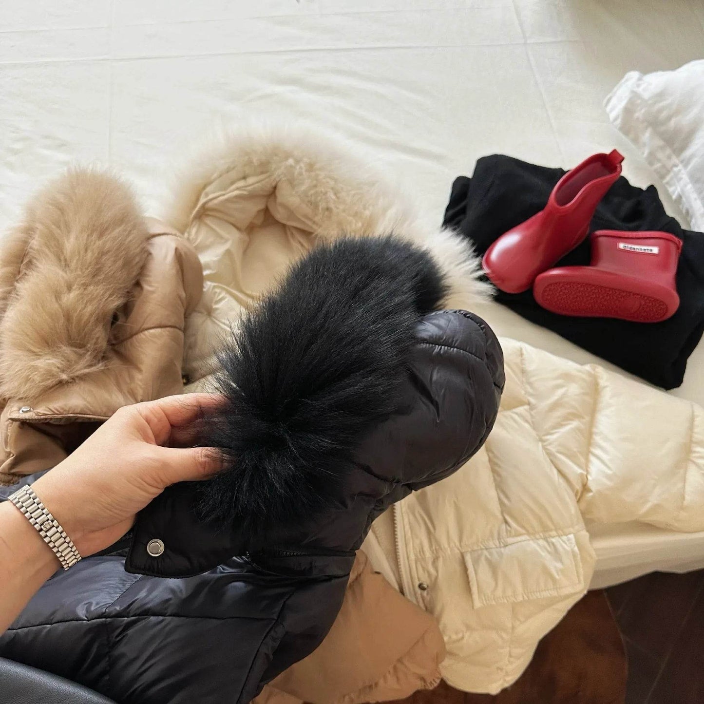 Solid Color Fur Collar Down Jacket Baby Long Section - Velora