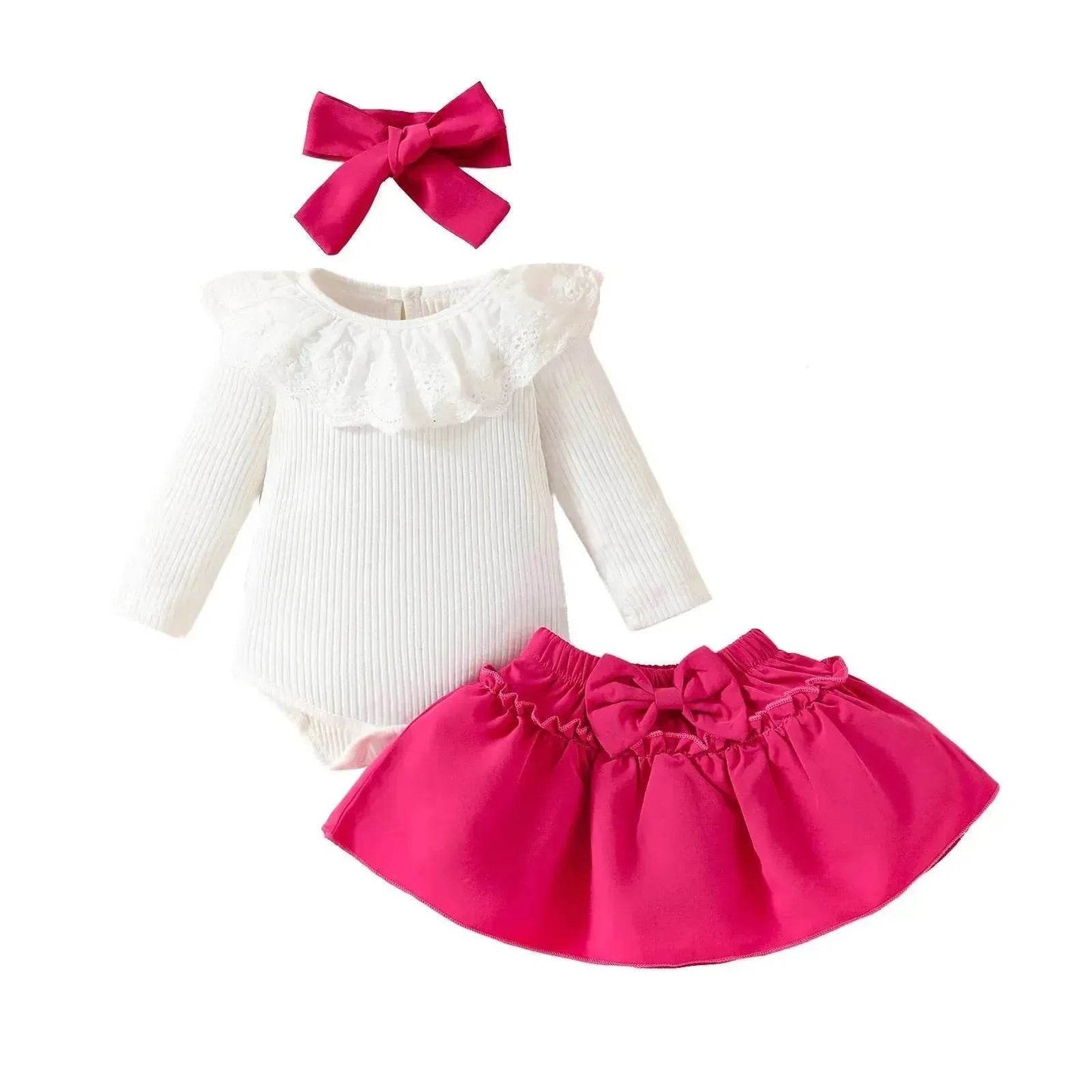 Two piece Baby Girl Lace Ruffles Long-sleeve romper Bow Skirt Hair Bowtie Band baby girl outwear - Velora