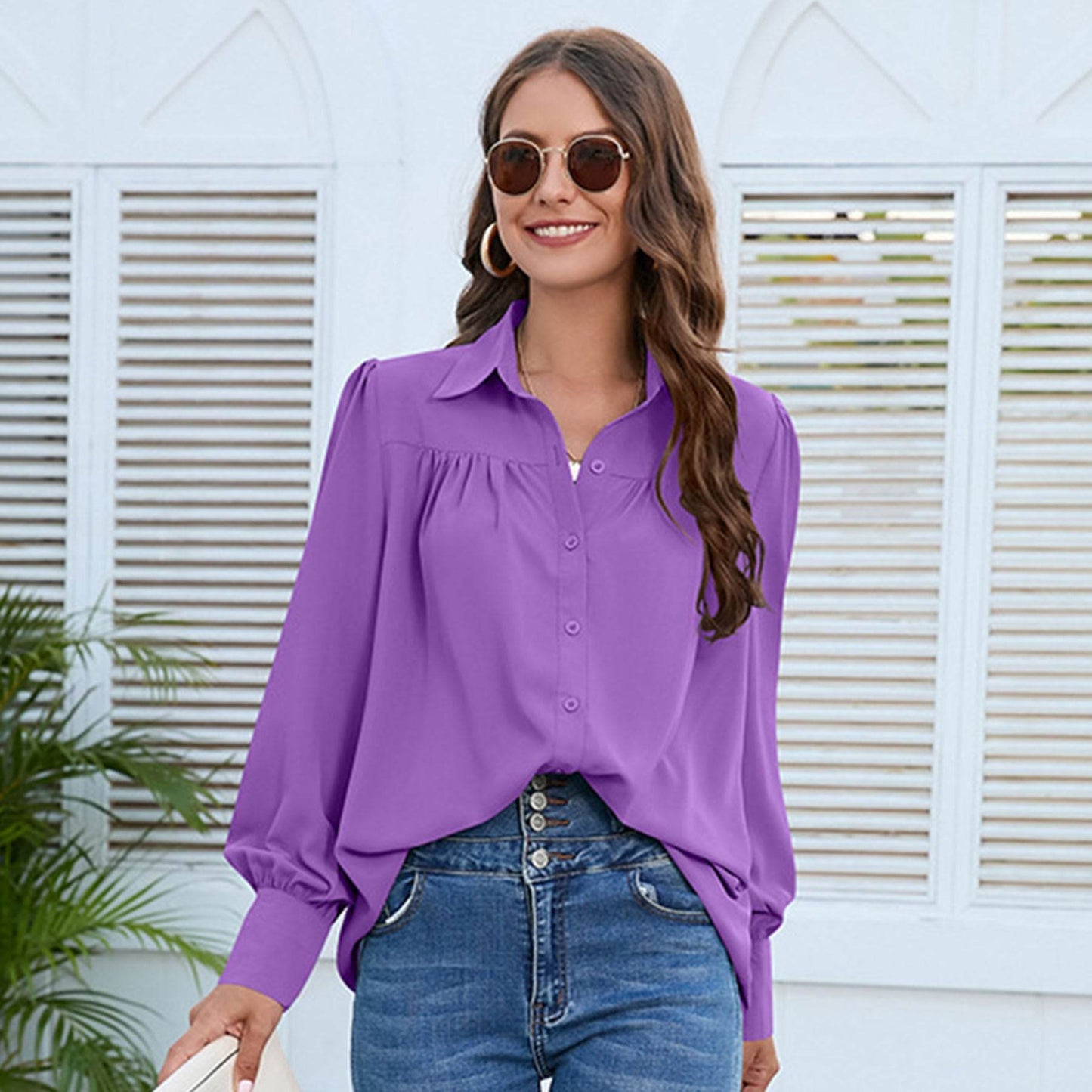Women's Solid Color Simple Chiffon Pleated Long-sleeved Shirt - Velora