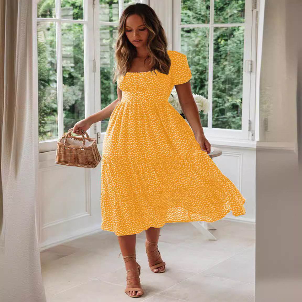 Square Collar Short Sleeve Dress Summer Puff Floral Printed Dress Long Dresses - Velora