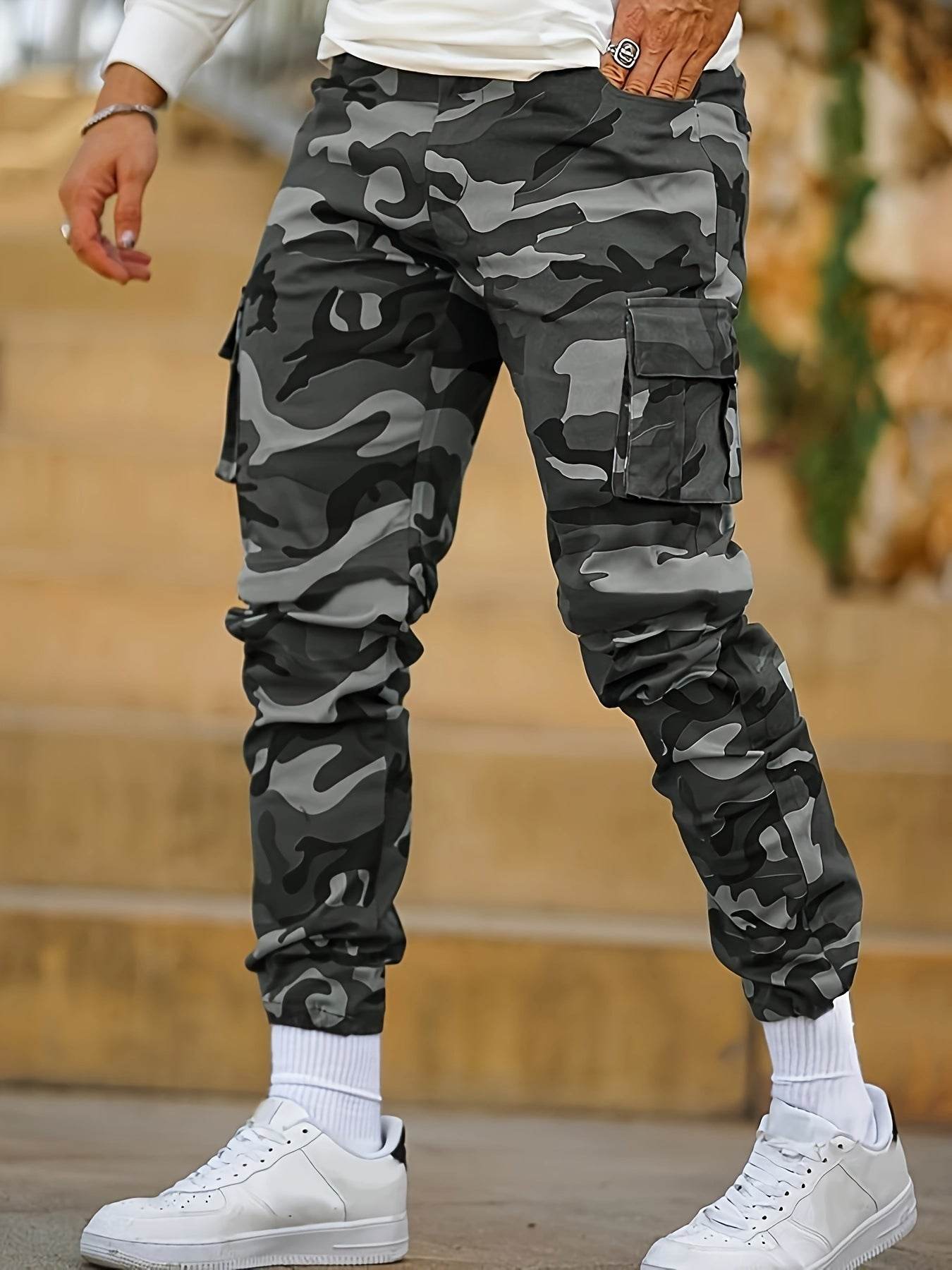 Multi-pocket Camouflage Ankle-tied Men's Military Casual Cargo Slim fit Pants trouser
