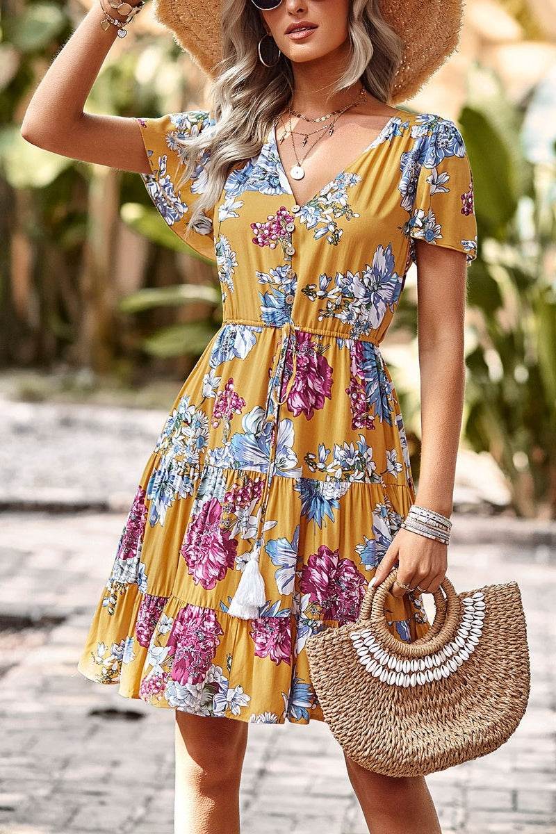 Women Casual floral summer dress Printed V-neck short sleeve Mini Dress - Velora