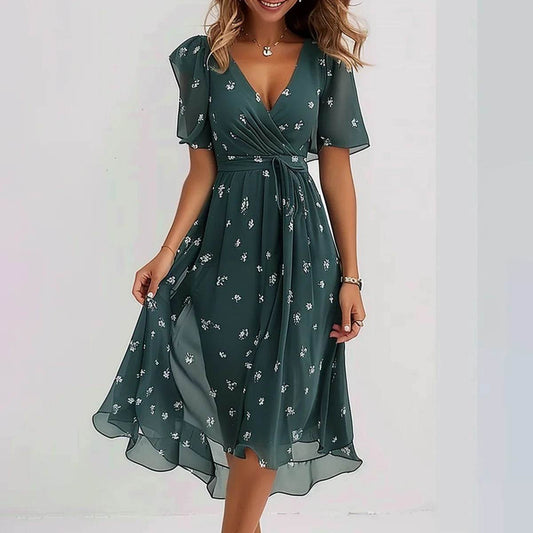 Chiffon Printed Short Sleeve Dress Summer Elegant V-neck Dresses Womens Clothing - Velora