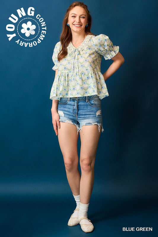 Umgee Lace Detail Bow Print Flounce Sleeve Blouse - Velora