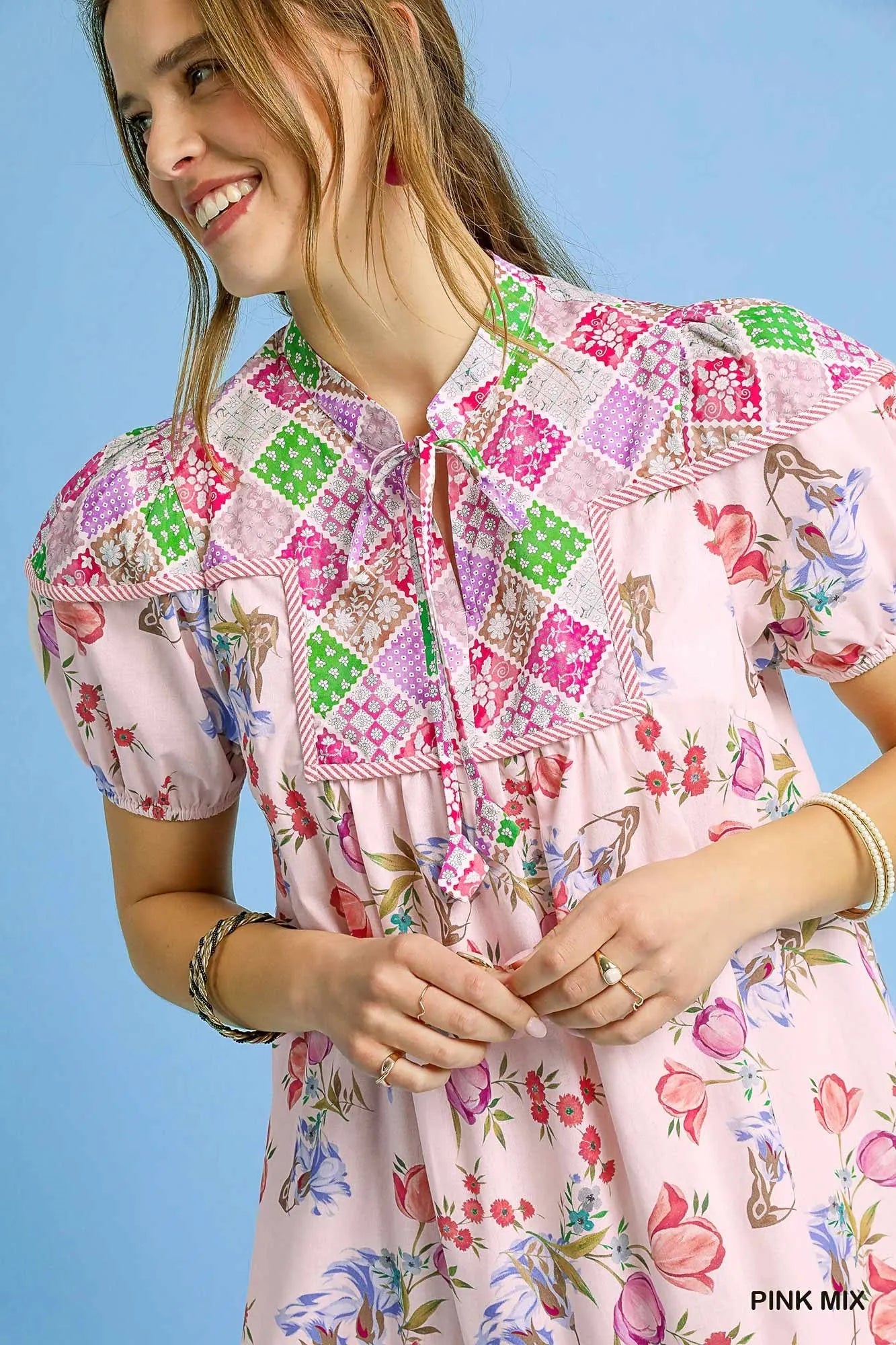 Umgee Floral Print Tie Neck Puff Sleeve Dress - Velora