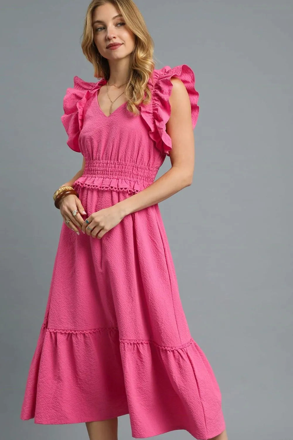 Umgee V-Neck Ruffled Cap Sleeve Midi Dress - Velora