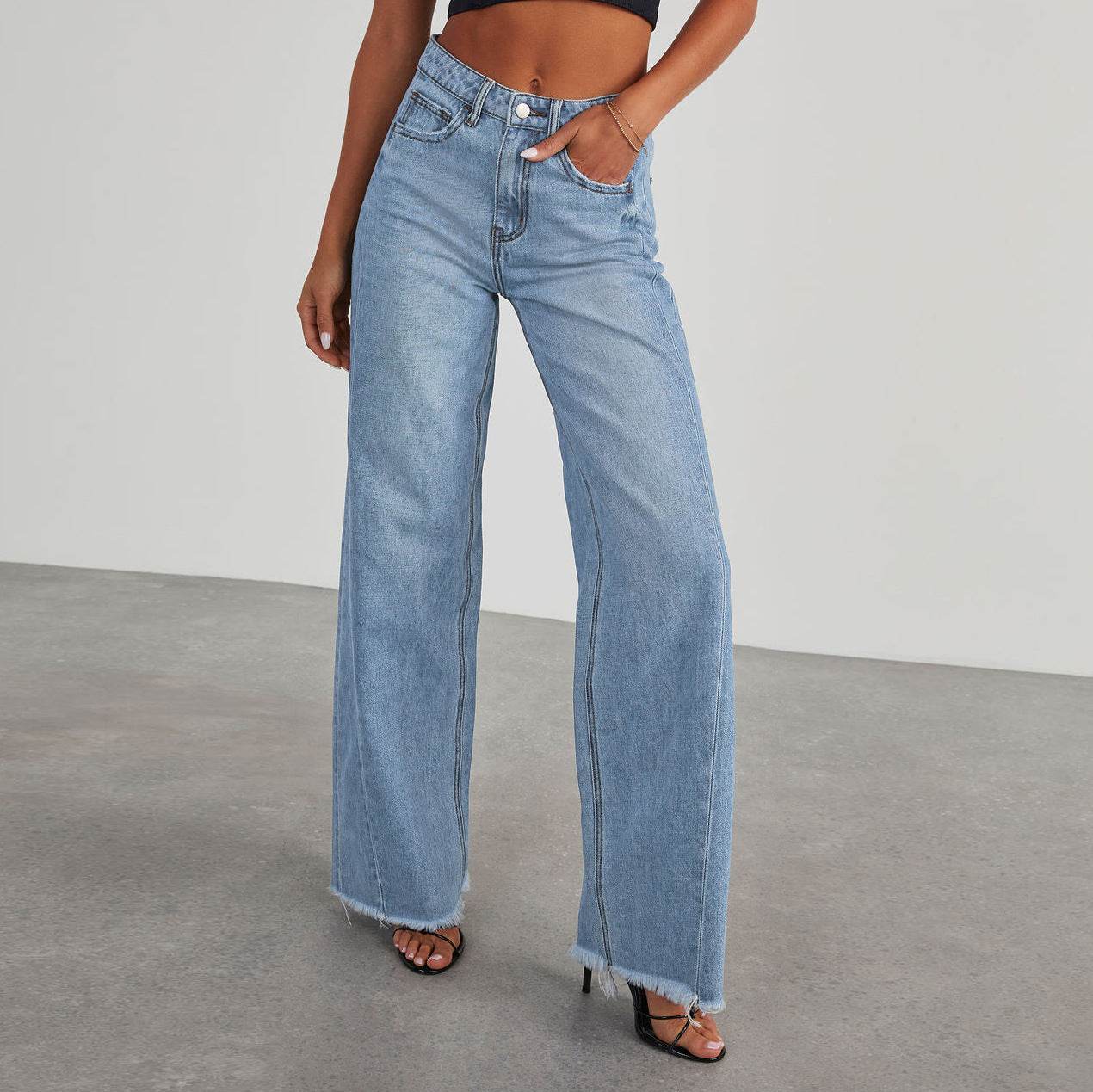 Fashion High Waist Jeans With Pockets Comfortable Slim Fit Straight Wide-leg Pants Womens Clothing - Velora
