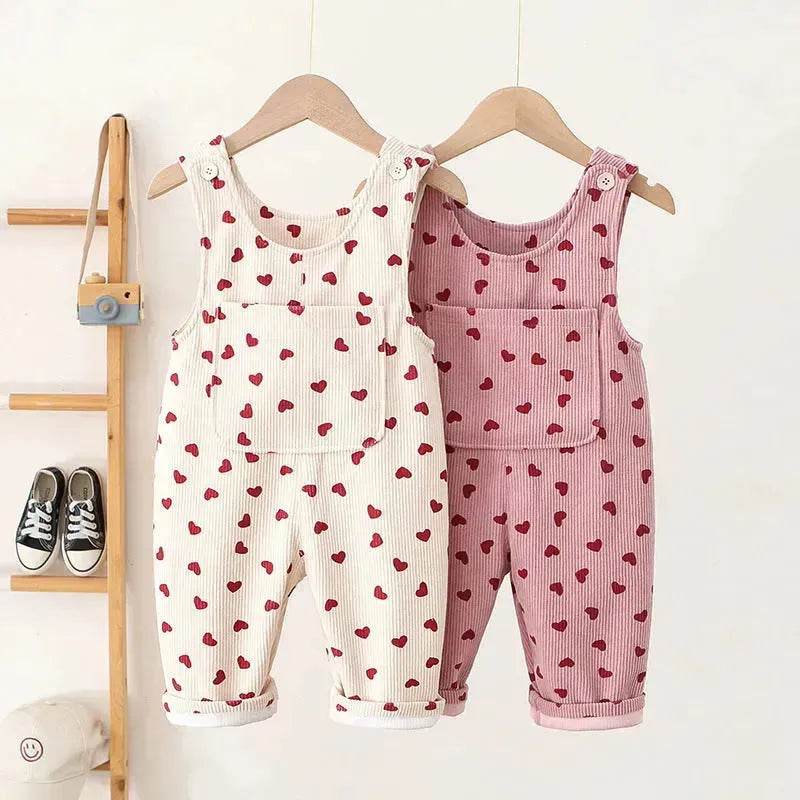 Fashion Girls Heart Printing Corduroy Overalls Baby girl Romper Jumpsuit - Velora