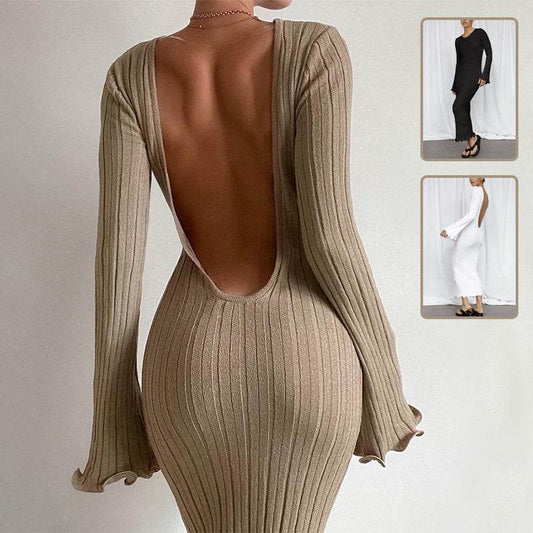 Fashion Slim Long-sleeved Ruffled Long Dress Sexy Hip-wrapped Back-less Knitted Maxi Dresses For Party Beach Womens Clothing - Velora