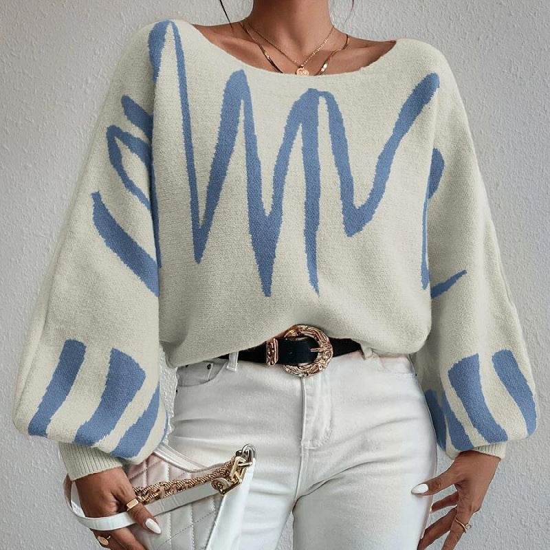 New Lantern-sleeved Pullover Sweater Fashion Line Printed Loose Tops Women's Clothing - Velora