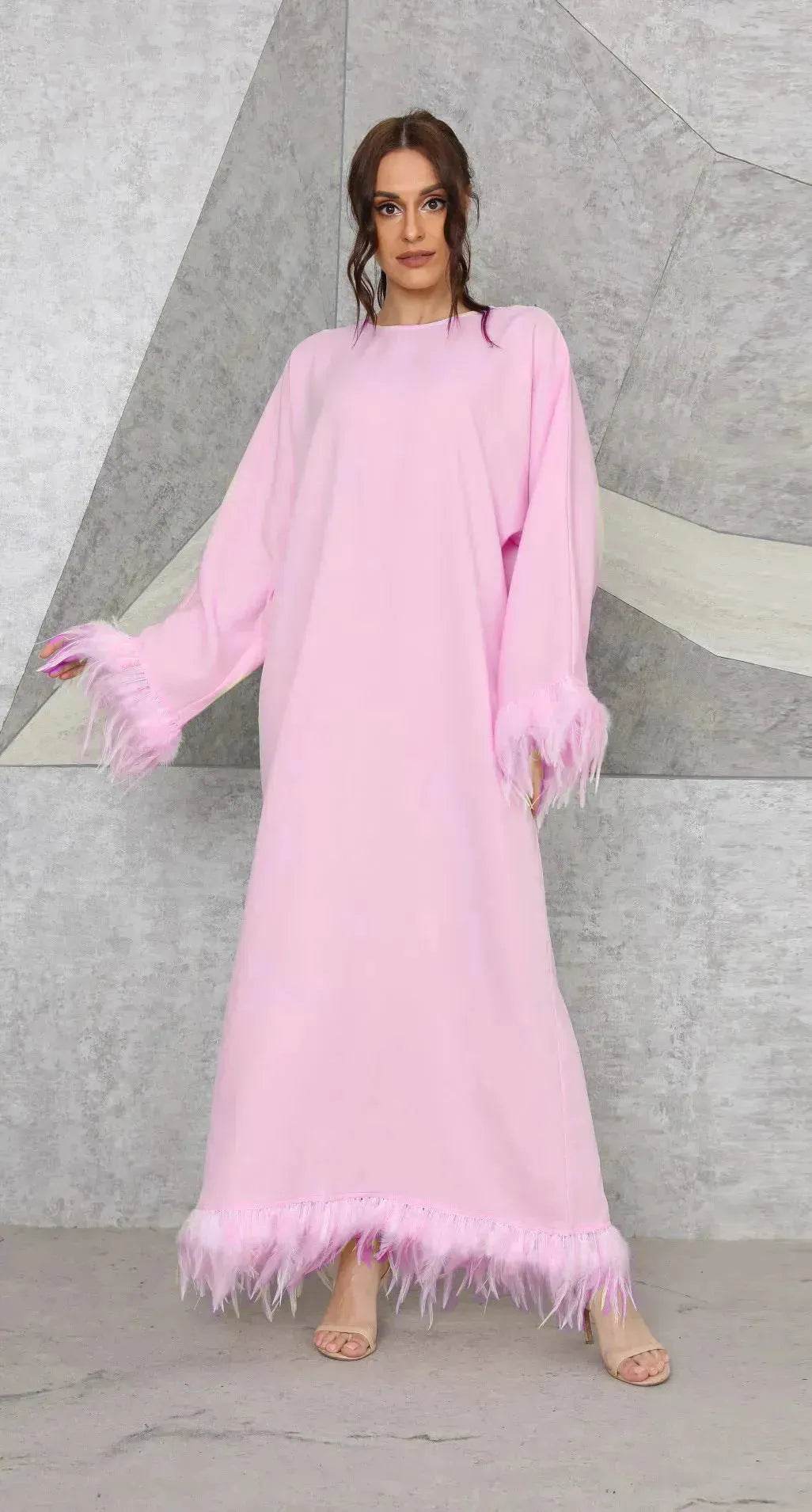 Feather Long Sleeve Middle East Arabic Elegant Round Neck Dress - Velora