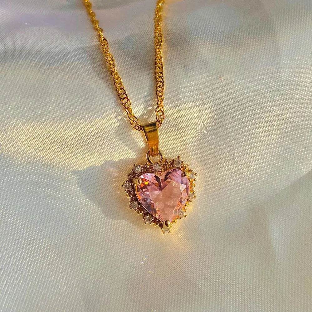 Colorful Rhinestones Heart-shped Necklace Love Gold Clavicle Chain Ins Personalized Jewelry For Women Valentine's Day - Velora