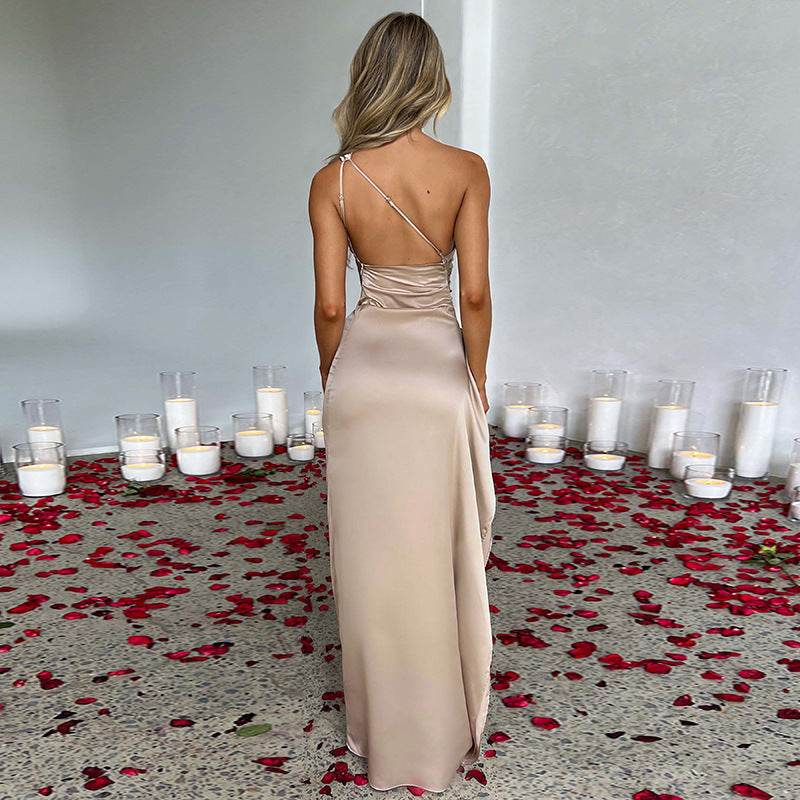 Sexy One-shoulder Backless Slit Dress Summer Elegant Slim-fit Solid Color Satin Dresses For Women - Velora