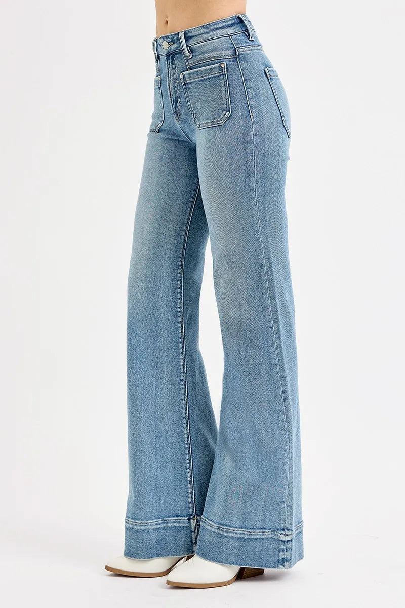 RISEN Full Size High Rise Wide Flare Patch Pocket Jeans Plus Size - Velora