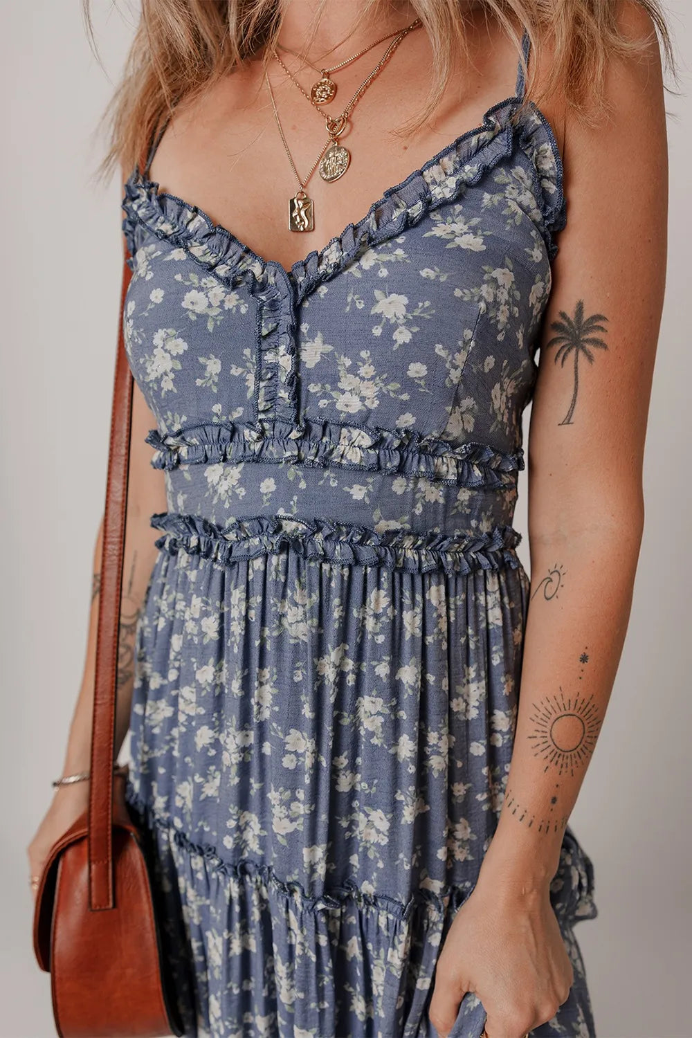 Floral Spaghetti Strap Frilled V Neck Tiered Midi Dress - Velora