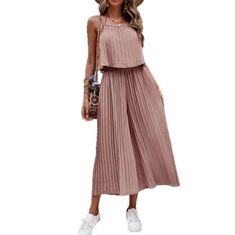 Women's Summer Solid Color Vacation Loose Suit Strap Backless Thin Romper Streetwear INS One-Piece Outfit Beach Style Striped Wide Leg Trousers Casual Suit - Velora