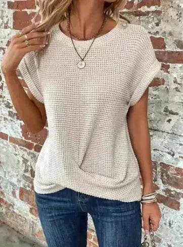 Casual Summer Short-sleeved Waffle blouse Top Summer New Solid Color Casual Evening Top For Women - Velora