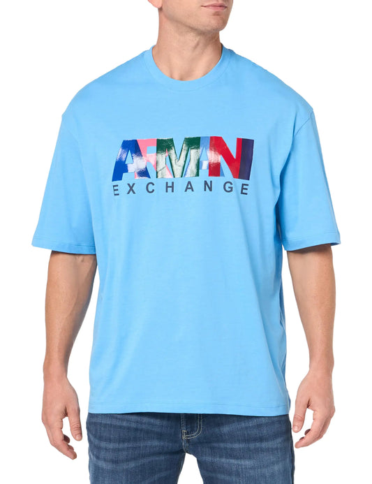 A | X ARMANI EXCHANGE Mens Comfort Fit Cotton Jersey Color Logo Tee Azure Blue - Velora Luxury Fashion