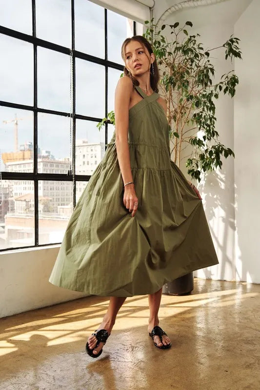 ADORA Crisscross Wide Strap Drawstring Detail Midi Dress - Velora Luxury Fashion