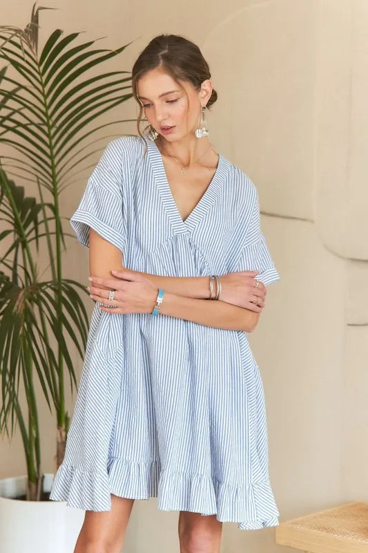 ADORA Ruffled Hem Striped V-Neck Babydoll Dress - Velora Luxury Fashion