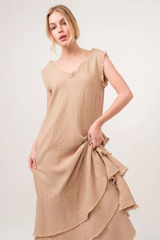 And The Why Washed Cotton Gauze Fringe Detail Tiered Dress - Velora Luxury Fashion