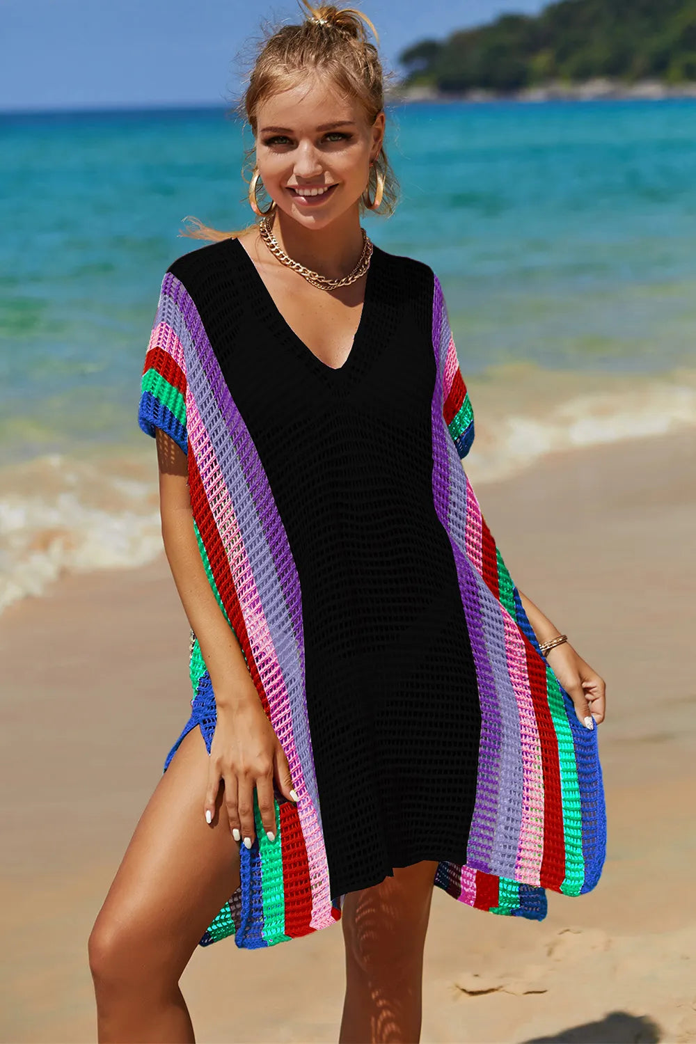 Angel Wings Openwork Striped Slit Knit Cover Up - Velora Luxury Fashion
