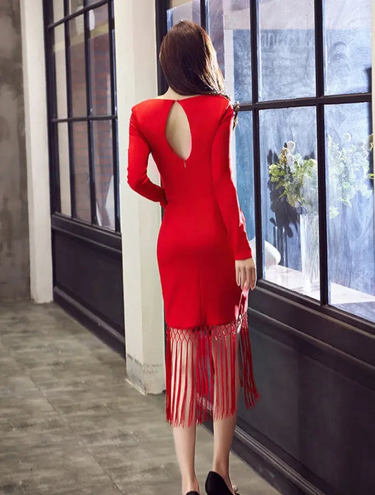 Autumn Dress β Slim Midi V-Neck Cotton Blend Dress with Tassels - Velora