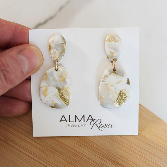 BLANCA Earrings. White Polymer Clay Statement Earrings with gold leaf - Velora Luxury Fashion