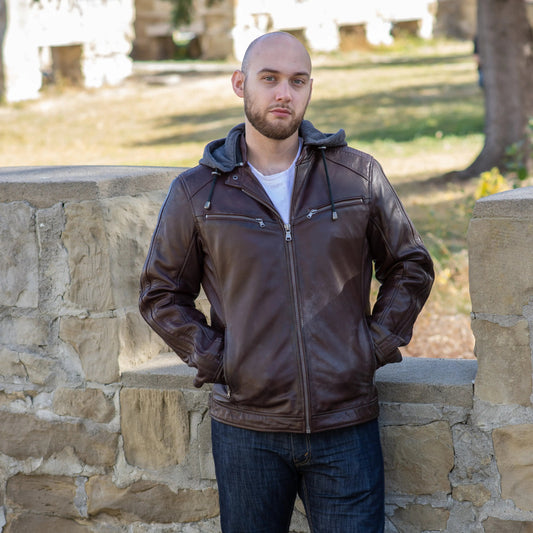 BOL Men's Hooded Snap Collar Leather Jacket - Velora Luxury Fashion