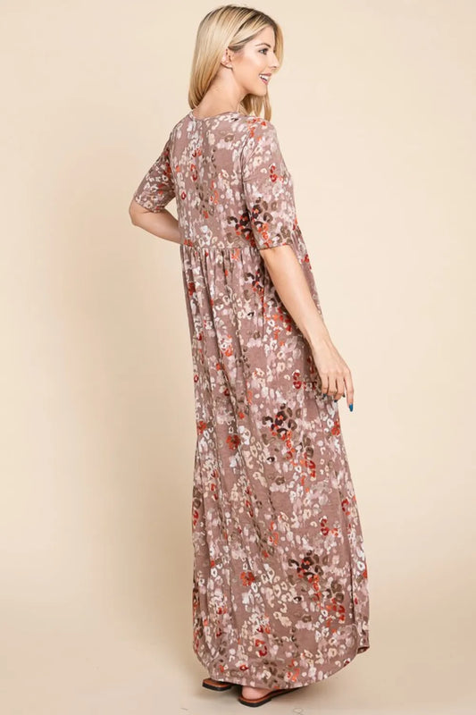 BOMBOM Printed Shirred Maxi Dress - Velora Luxury Fashion
